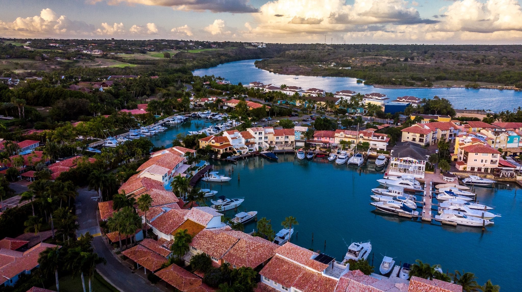 Aerial view of Casa de Campo Marina with yachts and the Chavon River, La Romana