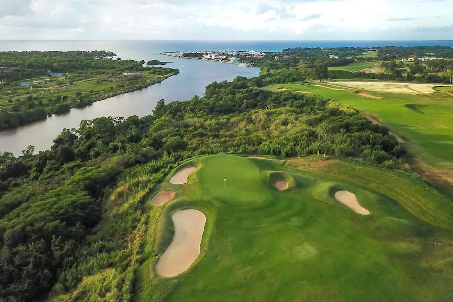 Dye Fore golf course aerial view with Chavon River and marina at Casa de Campo