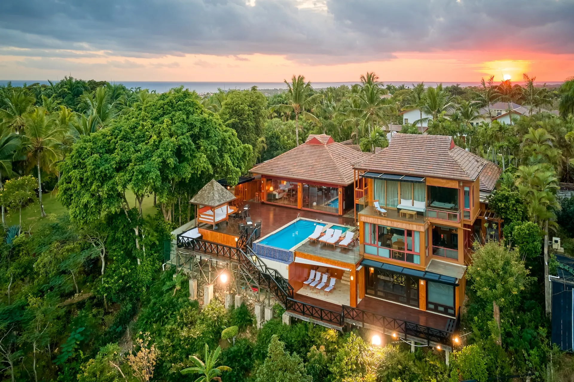 Aerial sunset view of Villa Riomar 29 with pool, Casa de Campo Dominican Republic