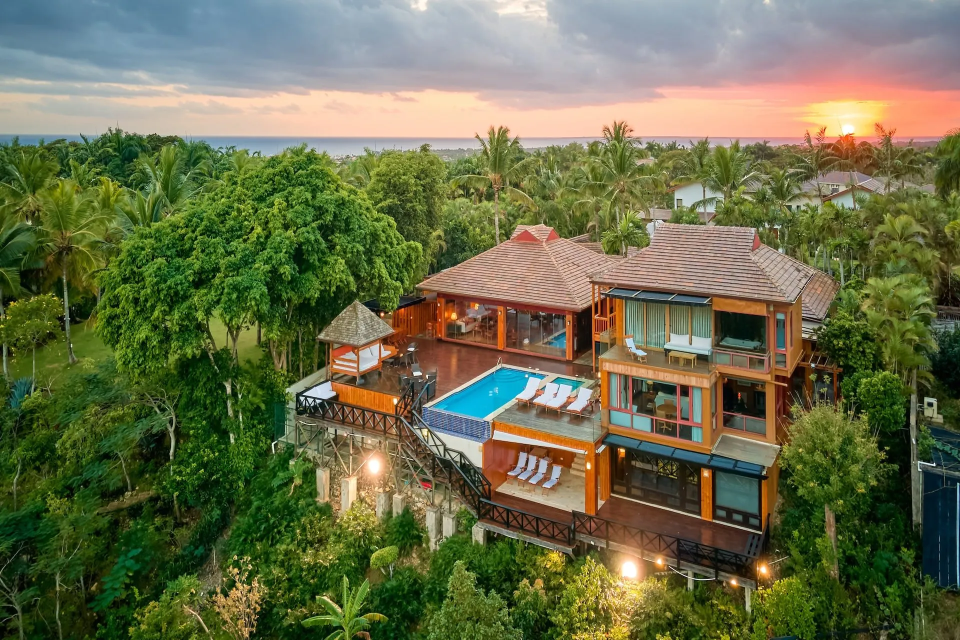 Aerial sunset view of Villa Riomar 29 with pool, Casa de Campo Dominican Republic