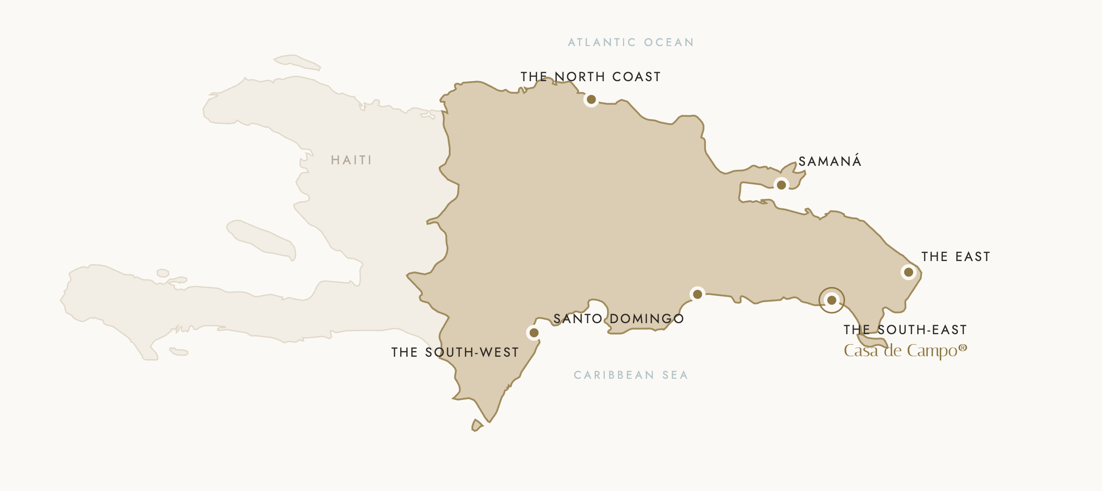 Map of the Dominican Republic showing the six regions: the north coast, Samana, the east, the south-east with Casa de Campo, Santo Domingo and the south-west