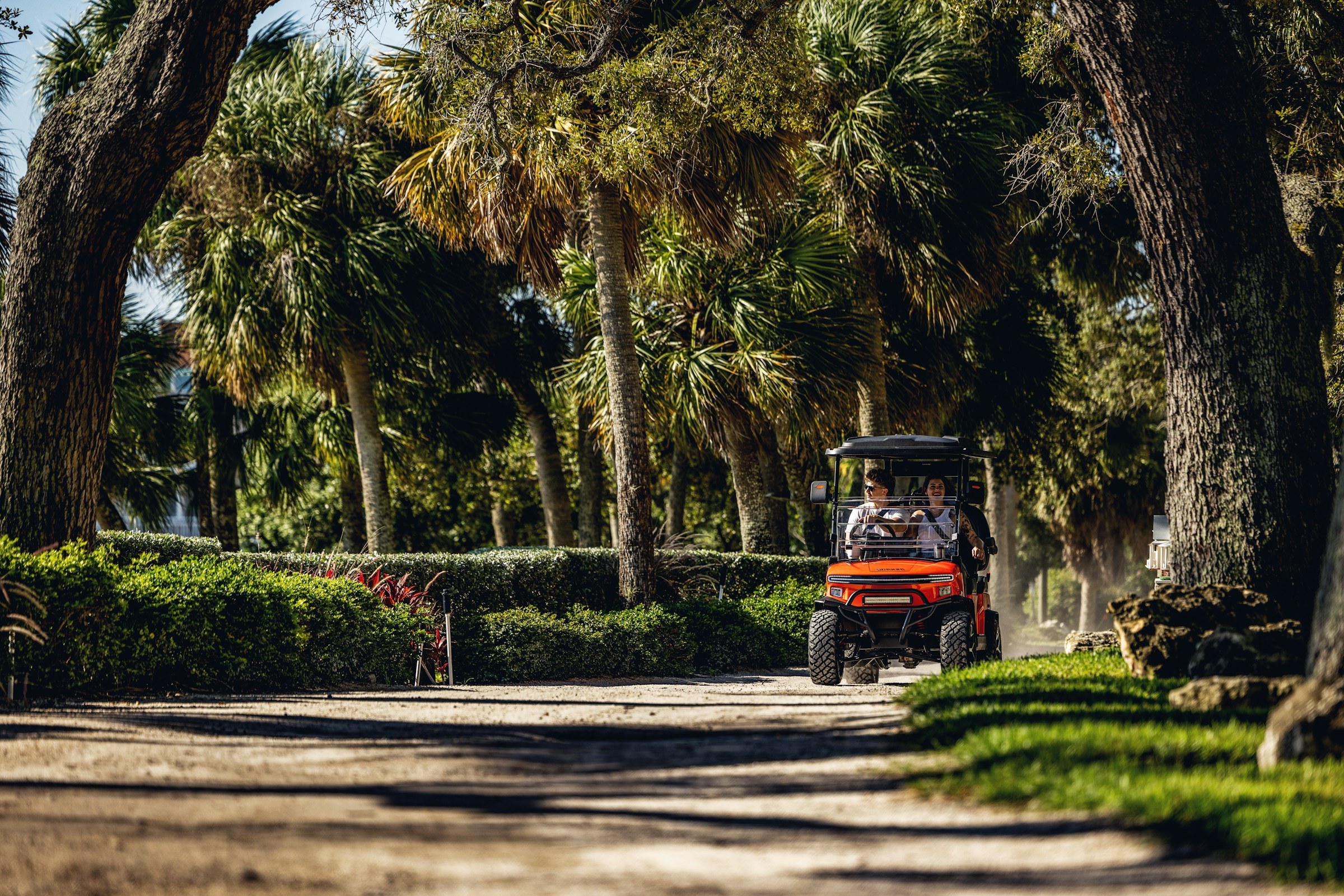 Golf cart on a palm-lined drive at Casa de Campo®