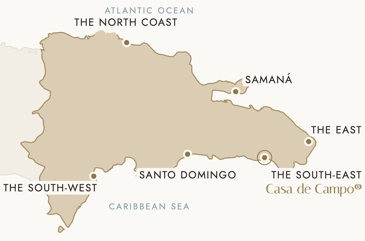 Map of the Dominican Republic showing the six regions: the north coast, Samana, the east, the south-east with Casa de Campo, Santo Domingo and the south-west