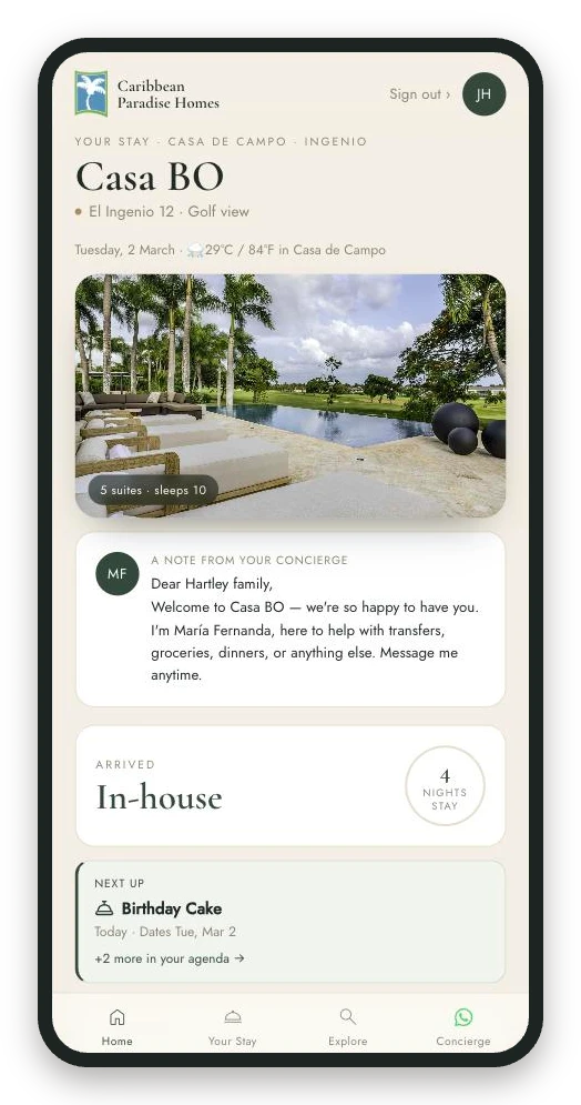My Stay guest app home screen with villa welcome, concierge note and stay countdown