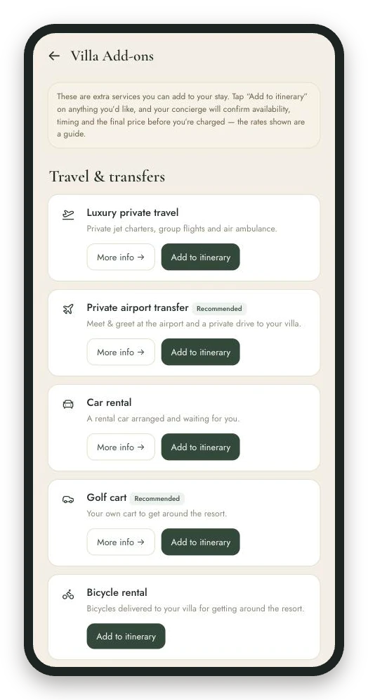 My Stay guest app Villa Add-ons screen for arranging airport transfers, golf carts and other services