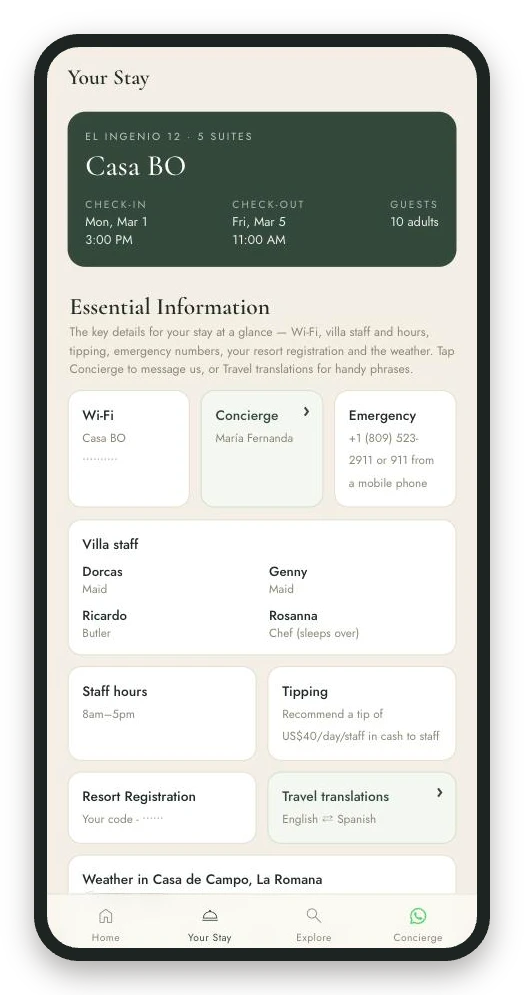 My Stay guest app Your Stay screen with check-in times, villa staff and essential information